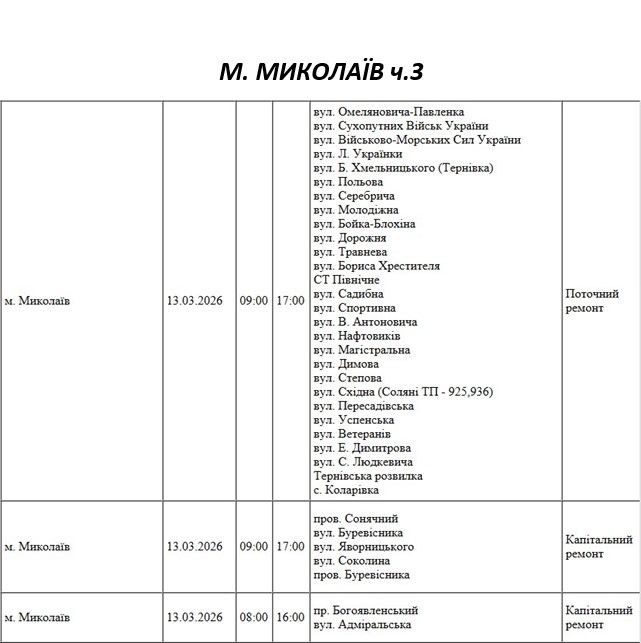 Плановые работы: как будут отключать свет в Николаеве и области 13 марта