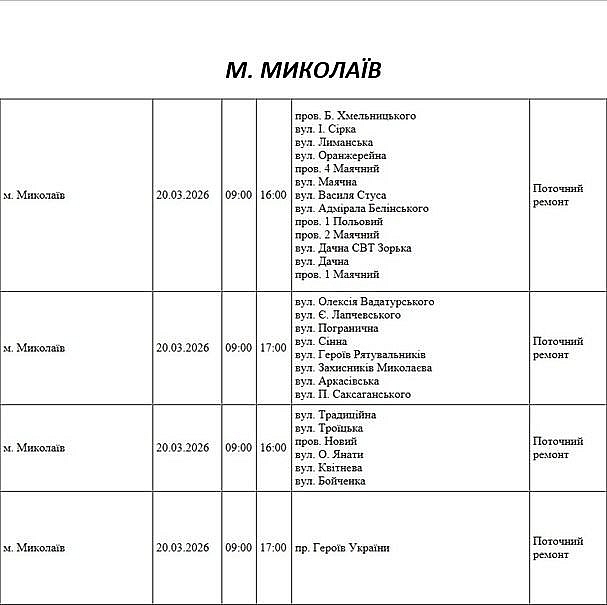 Отключение света из-за ремонта: какие улицы Николаева будут обесточены 20 марта