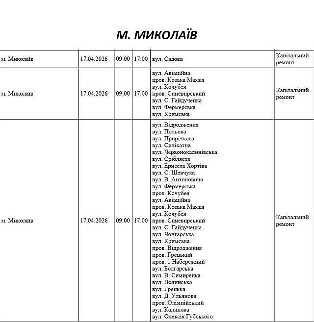 Отключение света из-за ремонта: какие улицы Николаева будут обесточены 17 апреля