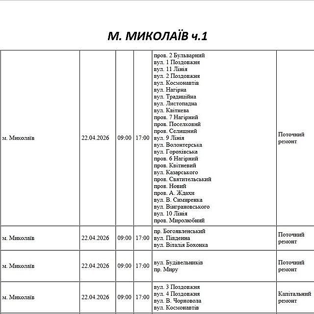 Свыше 100 улиц Николаева будут обесточены для проведения ремонтов