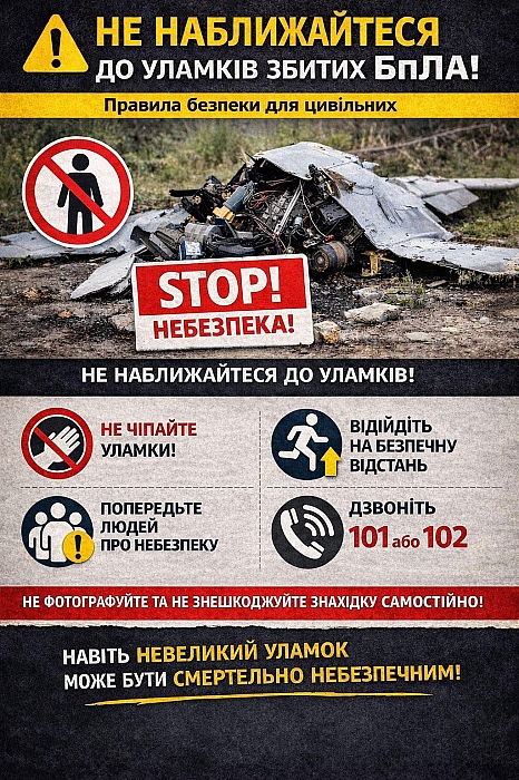 Не наближайтеся до уламків збитих БпЛА: правила безпеки для цивільних