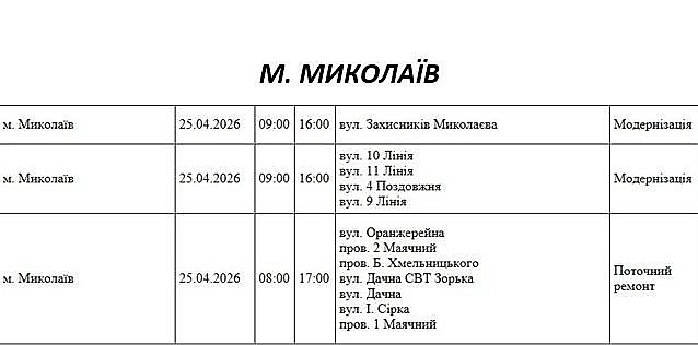 Отключение света из-за ремонта: какие улицы Николаева будут обесточены 25 апреля