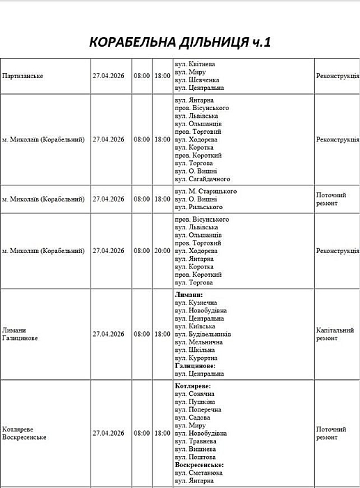 Відключення світла через ремонт: які вулиці Миколаєва буде знеструмлено 27 квітня