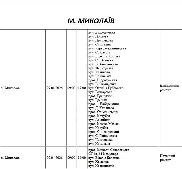 Відключення світла через ремонт: які вулиці Миколаєва буде знеструмлено 29 квітня