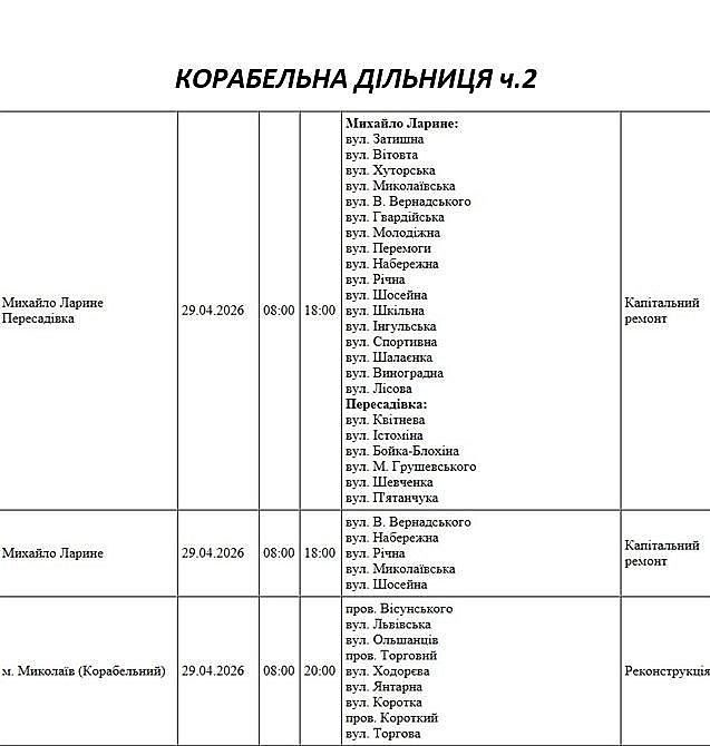 Відключення світла через ремонт: які вулиці Миколаєва буде знеструмлено 29 квітня