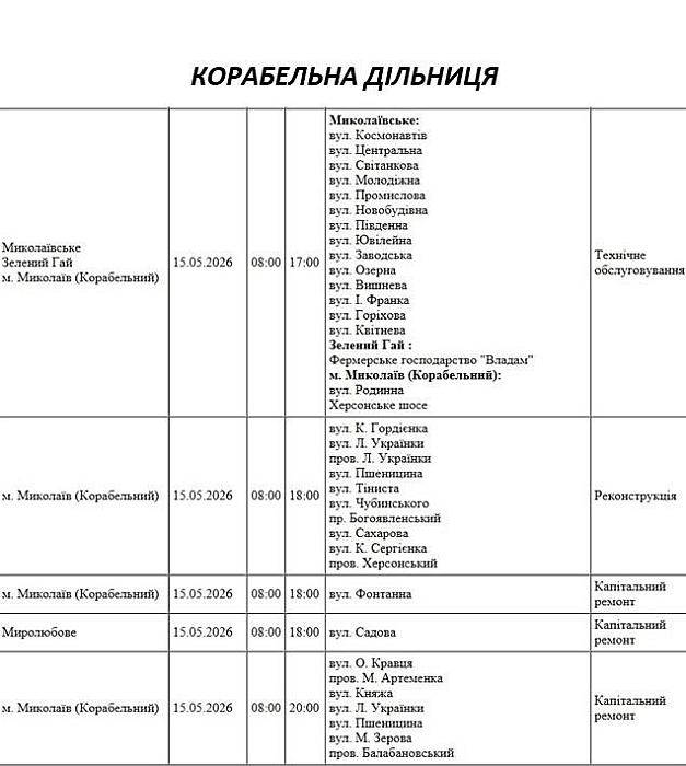 Відключення світла через ремонт: які вулиці Миколаєва буде знеструмлено 15 травня