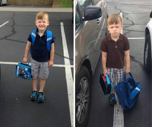 18 курьезных фото детей до и после их первого учебного дня