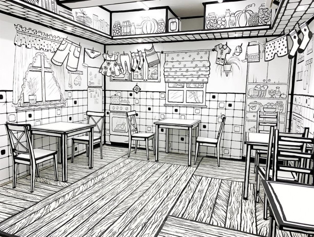 Эта 2D-кофейня заставляет почувствовать себя в чёрно-белой раскраске (фото)