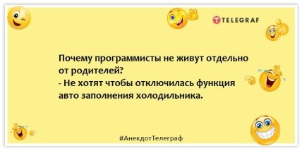 Анекдоти про програмістів – Чому програмісти не живуть окремо від батьків?  - Не хочуть, щоб відключилася функція авто заповнення холодильника.