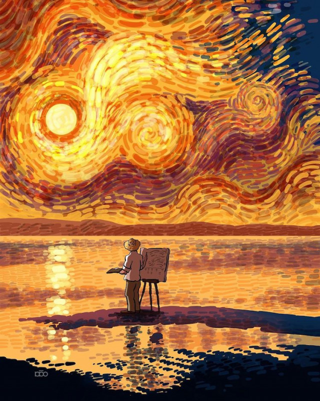 Іранський художник зображує життя Ван Гога, створюючи ілюстрації у його характерному стилі.
