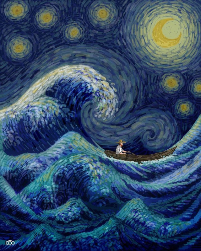 Іранський художник зображує життя Ван Гога, створюючи ілюстрації у його характерному стилі.