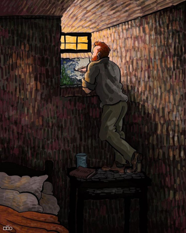 Иранский художник изображает жизнь Ван Гога, создавая иллюстрации в его характерном стиле 