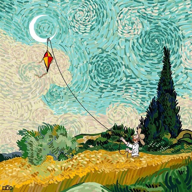 Художник изображает жизнь Винсента Ван Гога в его художественном стиле 