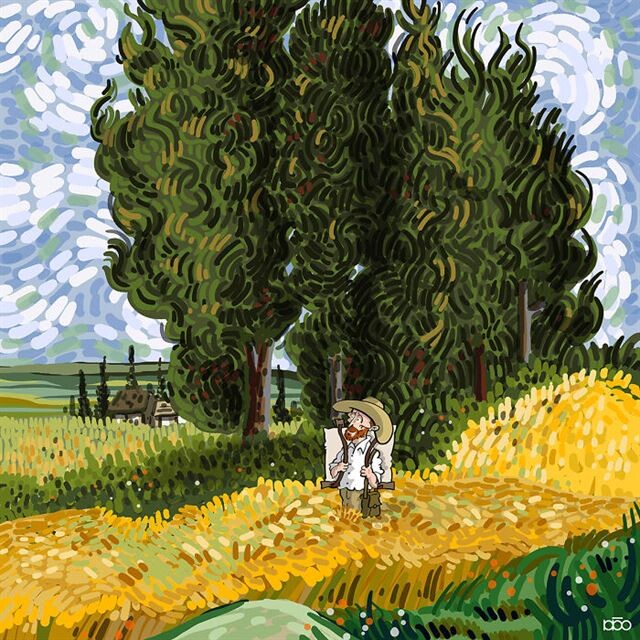 Художник изображает жизнь Винсента Ван Гога в его художественном стиле 