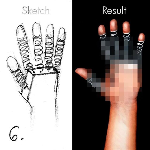 Художниця використовує праву руку, щоб перетворювати ліву на оптичні ілюзії.  