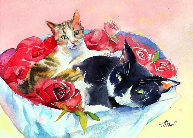 Котяче життя в акварельних картинах Draw An