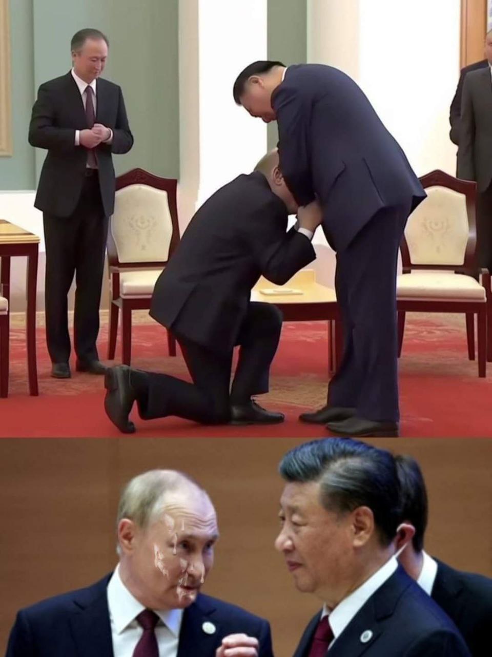 «Поцелуй кольцо». В соцсетях издеваются над Путиным за то, что он ползает перед китайским президентом (ФОТО)