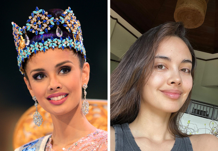 Woman wearing blue bejeweled koruny a big earrings on the left and, on the right, the same woman taking a selfie without make-up.