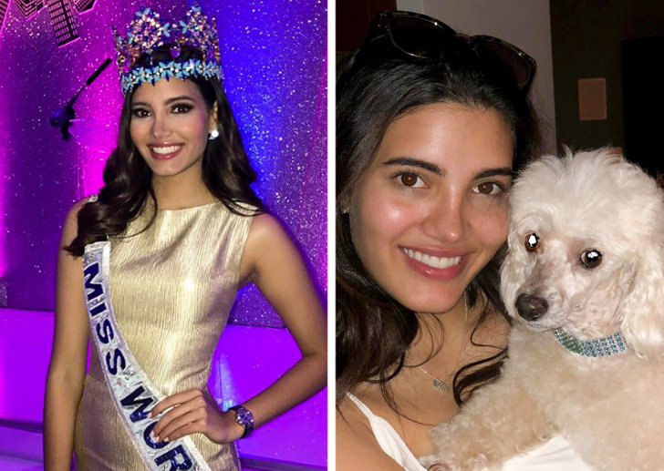 brunette Miss World wearing її коронувати і golden dress на лівому, і на правому, саму woman taking a selfie with her dog.