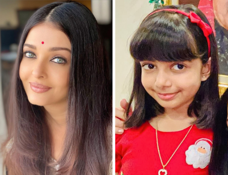 Side by side close-ups Aishwarya Rai and her daughter.