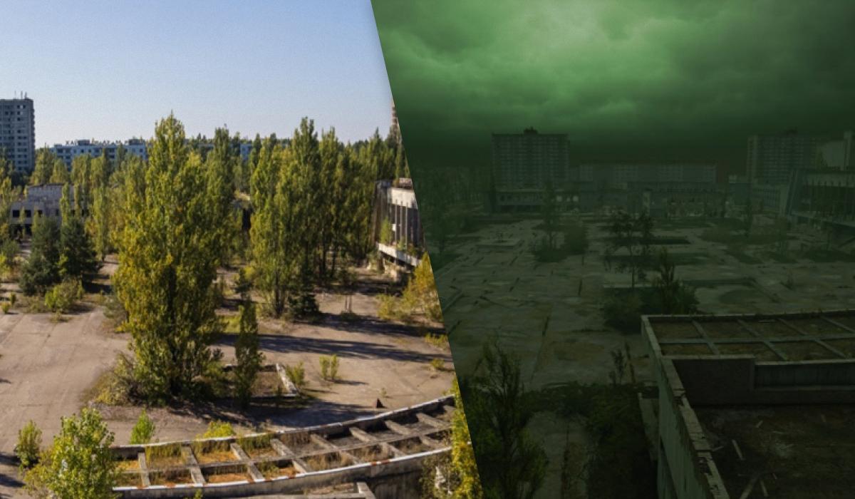 Вид на ДК "Енергетик" у реальності та грі / колаж УНІАН, фото  ДАЗВ/S.T.A.L.K.E.R. 2