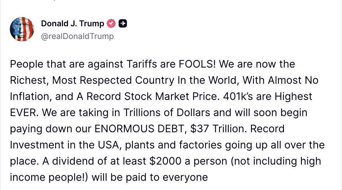 Допис Трампа в соцмережі / Фото: t.me/DonaldTrumpUA