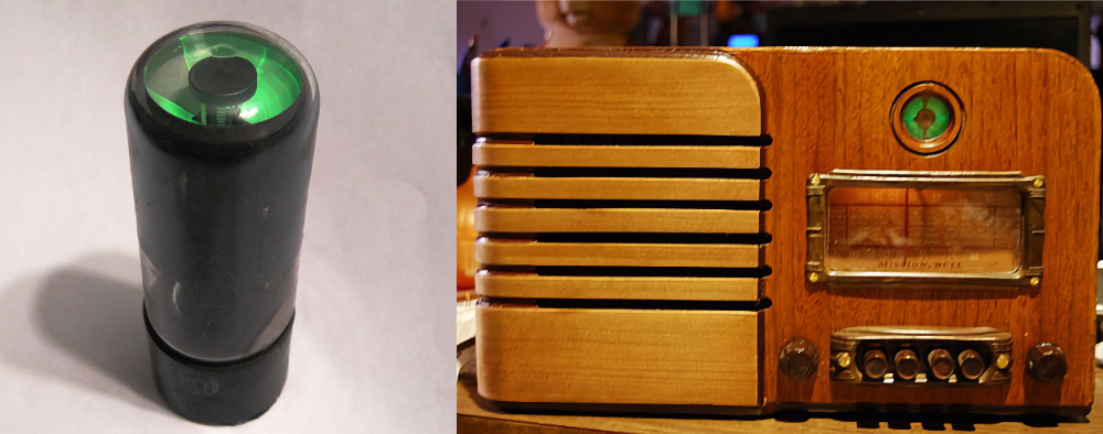 По суті &laquo;чарівне око&raquo; був підсилювач-тріод, усередині якого розташовувалась ще конусоподібна пластина, вкрита зеленим люмінофором. Потрапляючи на пластину електронів вона світилася. Причому форма світіння змінювалася залежно від інтенсивності потоку частинок. Праворуч - радіоприймач Mission Bell, оснащений електронно-світловим індикатором
