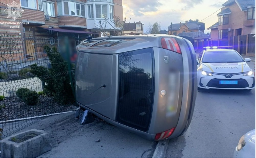 У Києві нетверезий водій без прав протаранив паркан і перекинувся на Skoda