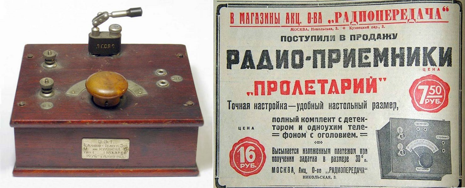 Фото 1.3. Детекторний радіоприймач &laquo;Пролетар&raquo;. Ленінградський телефонно-телеграфний завод ім. Кулакова. ~1925 р. Дешева, масова та проста конструкція. Діапазон хвиль, що приймаються, &mdash; 300&hellip;1500 м. Незважаючи ні на що &mdash; корпус-скринька полірованого дерева, &laquo;німецького типу&raquo; &mdash; з похилою до оператора верхньою панеллю