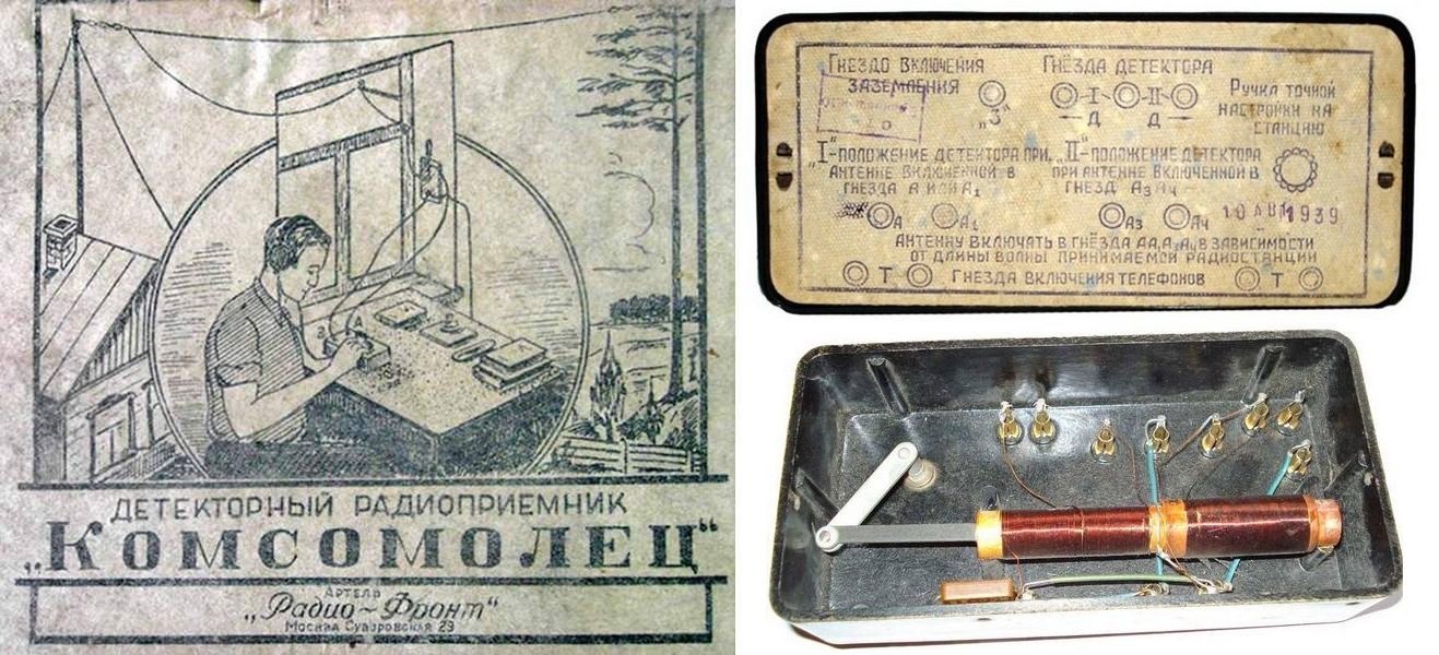 Фото 1.6. Журнальний допис, задня стінка &laquo;Комсомольця&raquo; з короткою інструкцією, внутрішній пристрій. Радіо працювало в діапазоні хвиль 250 ... 2000 м, груба настойка виконувалася перемиканням антенного штепселя у відповідне гніздо, плавна - ручкою варіометра, що пересуває всередині котушок альсиферовий сердечник