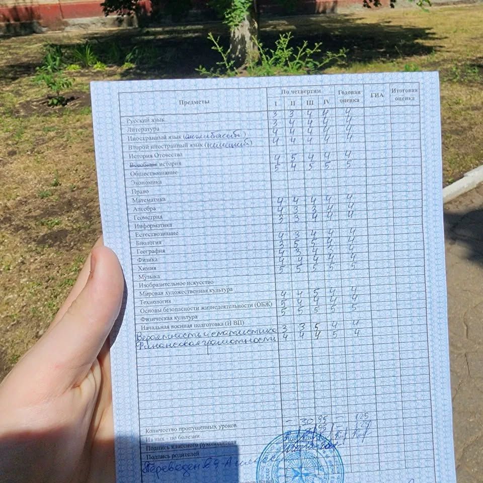 Табель Данила Дудника, 8 клас