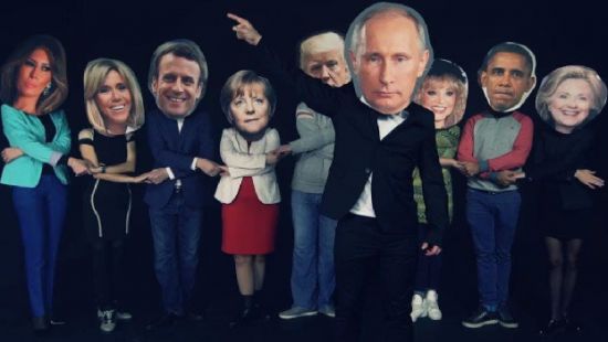 В клипе «Путин празднует. Меркель жжёт» люди с лицами известных политиков касаются громких политических тем