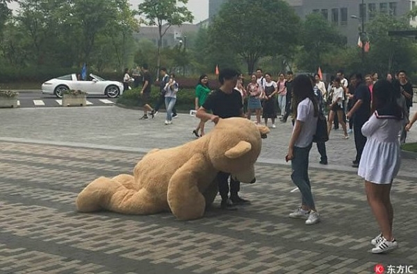Парень на Porsche попытался завоевать девушку с помощью гигантского медведя. фото