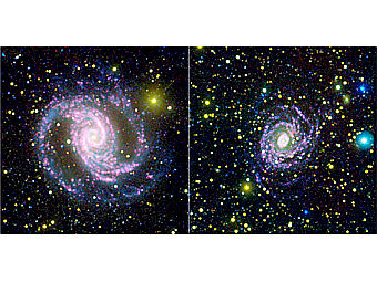 Сравнение двух фотографий галактики NGC 1566. На второй хорошо видно большое количество мелких звезд