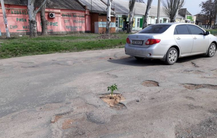 На Днепропетровщине яму на дороге \"залатали\" цветком (ФОТО)