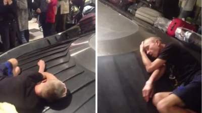 Прикол дня: пьяный пассажир уснул на багажной ленте в аэропорту