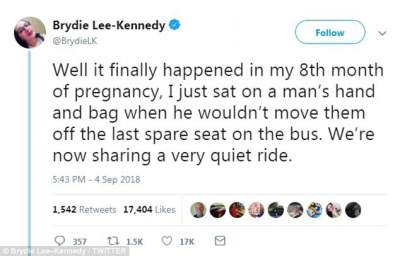 Беременная оригинально проучила парня, "застолбившего" сумкой место в автобусе 