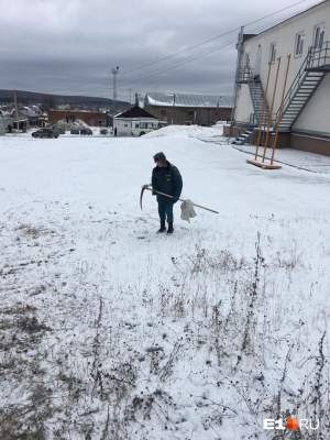 Россиян к приезду начальства заставили косить траву под снегом