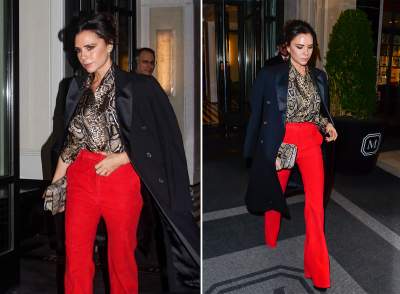 В "змеиной" блузке и красных брюках: Виктория Бэкхем восхитила новым нарядом