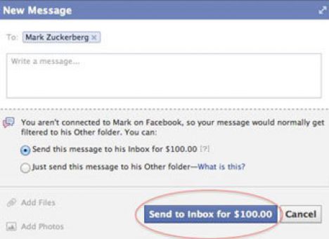 Facebook начал брать $100 за сообщение Цукербергу