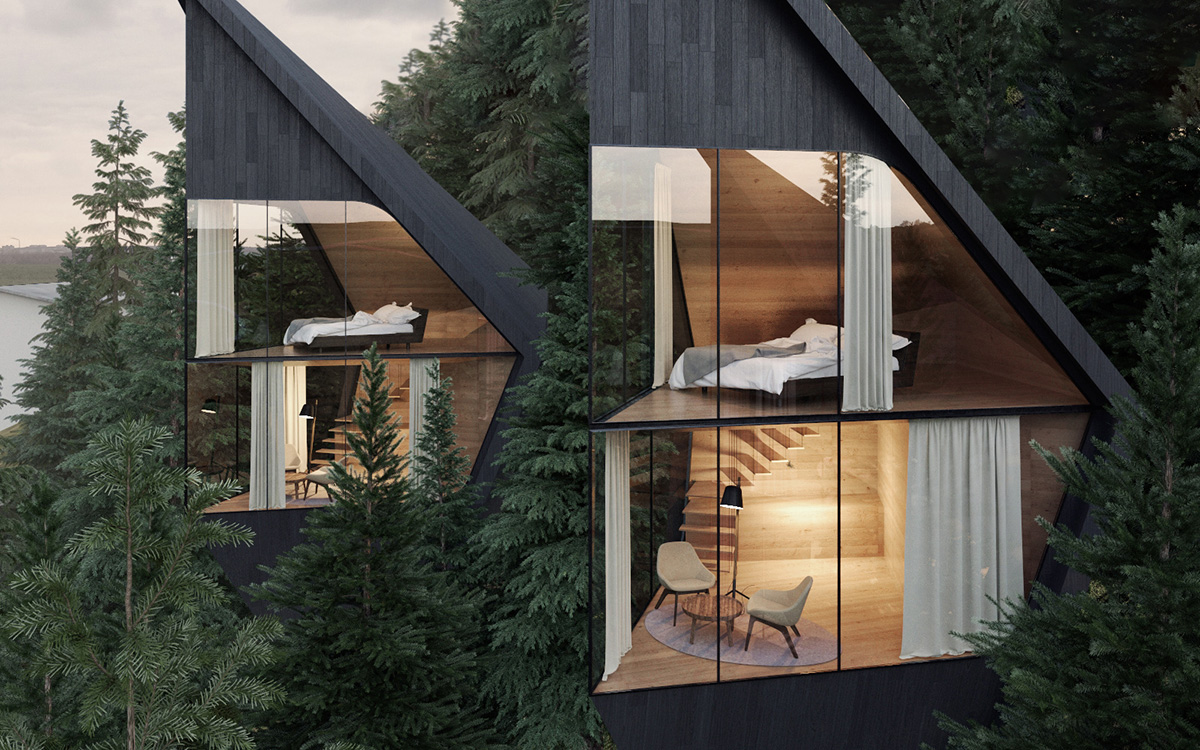 Футуристические домики на деревьях в лесу Доломитовых Альп