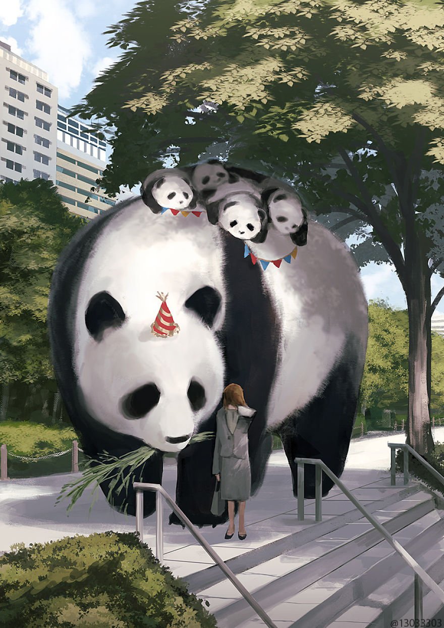 Японский иллюстратор изображает мир с гигантскими животными