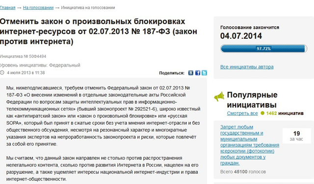 Под петицией за отмену «антипиратского» закона собрано уже 98 тысяч подписей