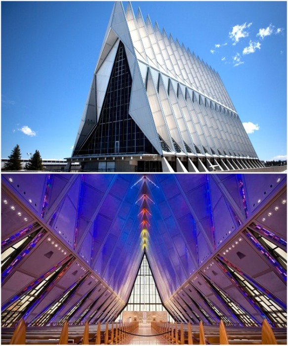 Кадетская часовня на территории Академии ВВС США  в Колорадо-Спрингс (United States Air Force Academy Cadet Chapel). | Фото: visitcos.com.