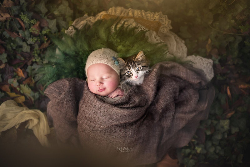 Новорожденные дети вместе с маленькими животными. Фото