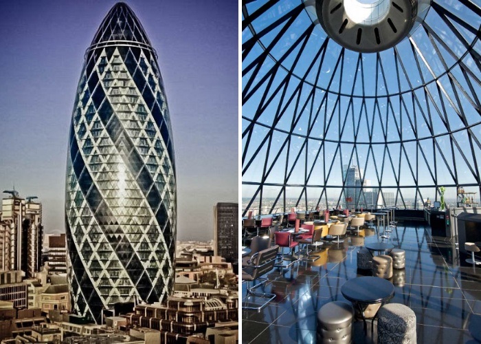 Под стеклянным куполом огромного «огурца» находиться ресторан с фантастическим панорамным обозрением (30 St Mary Axe, Лондон). | Фото: tripadvisor.co.uk.