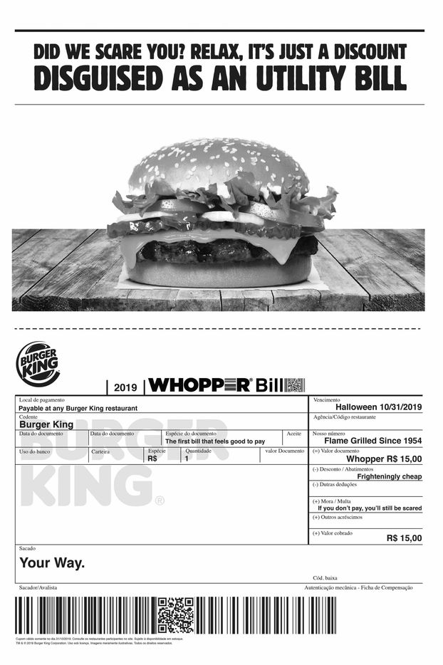 Burger King напугал бразильцев фейковым коммунальным платежом в честь Хэллоуина. ВИДЕО