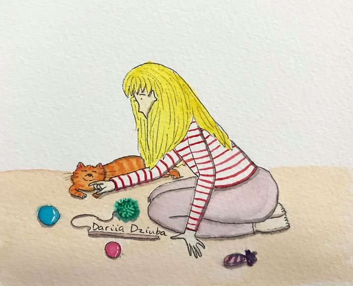 Акварельные рисунки о повседневной жизни с кошкой