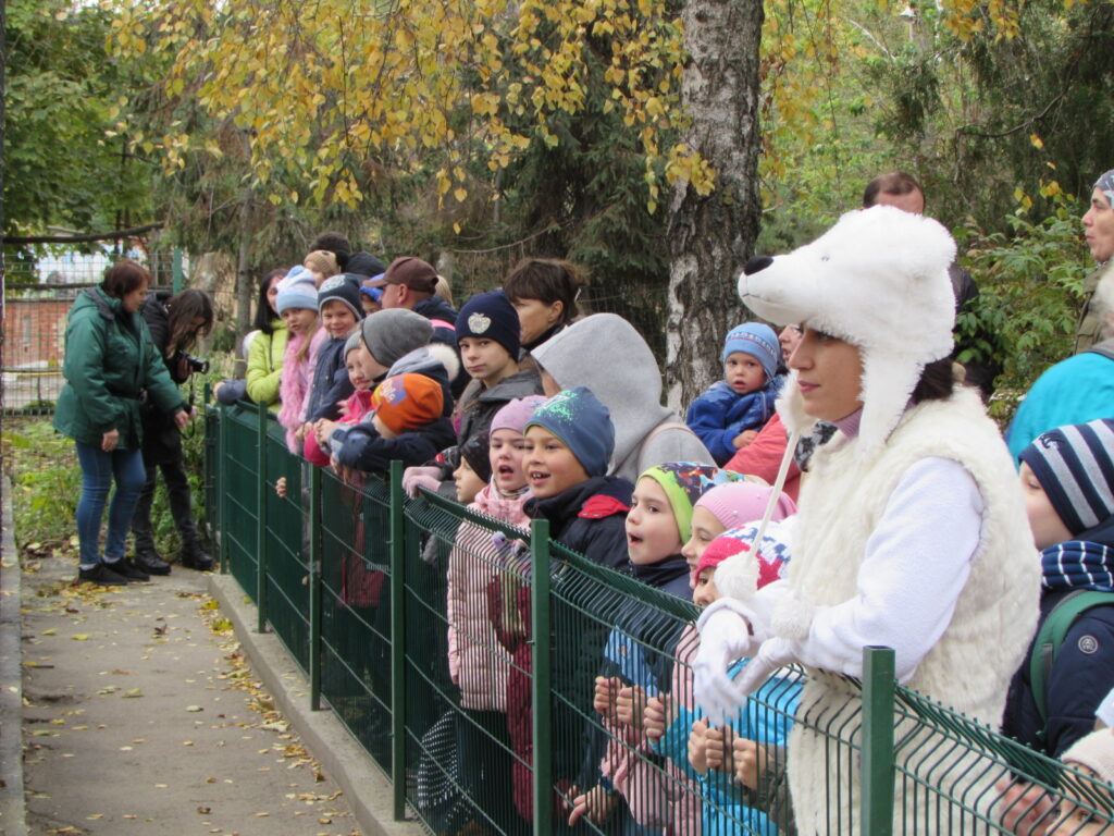 Зрители собрались у клетки с медведями