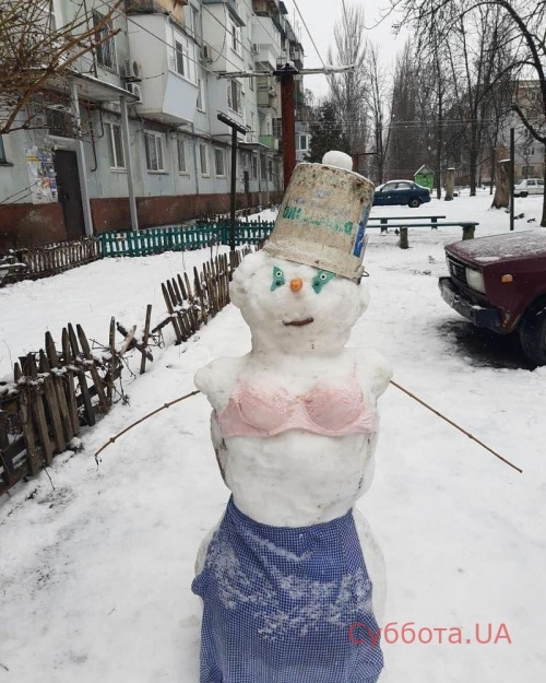 В Запорожье слепили снеговика в розовом бюстгальтере. ФОТО